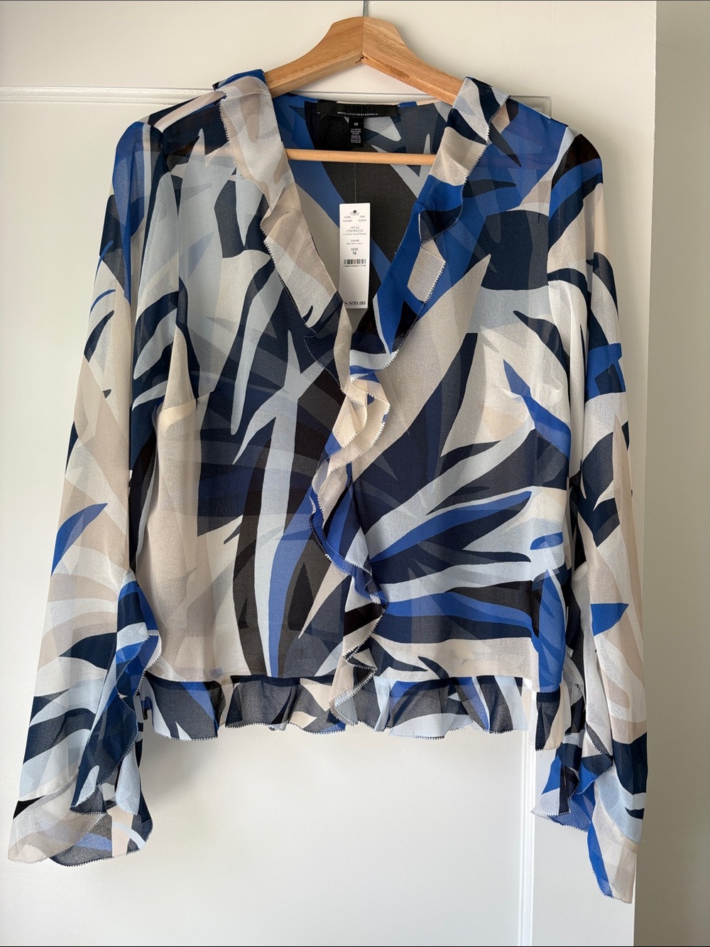 White House Black Market Blue, Navy and Cream Abstract Ruffle Blouse